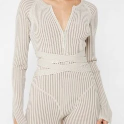 Woman Jumpsuits JUMPSUITS & PLAYSUITS Knitted Two Tone Jumpsuit With Belt - Beige/Taupe