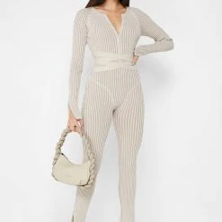 Woman Jumpsuits JUMPSUITS & PLAYSUITS Knitted Two Tone Jumpsuit With Belt - Beige/Taupe