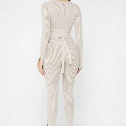 Woman Jumpsuits JUMPSUITS & PLAYSUITS Knitted Two Tone Jumpsuit With Belt - Beige/Taupe