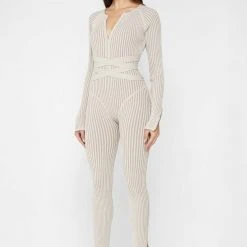 Woman Jumpsuits JUMPSUITS & PLAYSUITS Knitted Two Tone Jumpsuit With Belt - Beige/Taupe