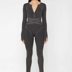 Woman Jumpsuits Knitted Two Tone Jumpsuit With Belt - Grey/Black JUMPSUITS & PLAYSUITS