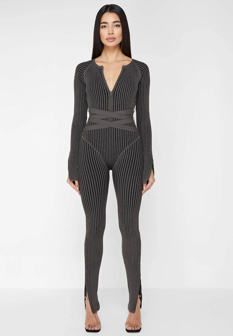 Woman Jumpsuits Knitted Two Tone Jumpsuit With Belt - Grey/Black JUMPSUITS & PLAYSUITS