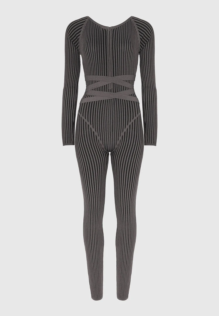 Woman Jumpsuits Knitted Two Tone Jumpsuit With Belt - Grey/Black JUMPSUITS & PLAYSUITS