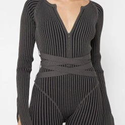 Woman Jumpsuits Knitted Two Tone Jumpsuit With Belt - Grey/Black JUMPSUITS & PLAYSUITS