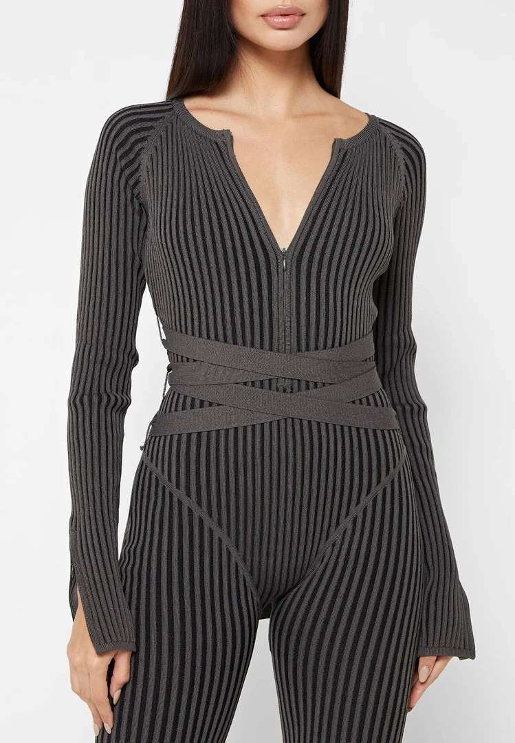 Woman Jumpsuits Knitted Two Tone Jumpsuit With Belt - Grey/Black JUMPSUITS & PLAYSUITS