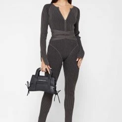Woman Jumpsuits Knitted Two Tone Jumpsuit With Belt - Grey/Black JUMPSUITS & PLAYSUITS