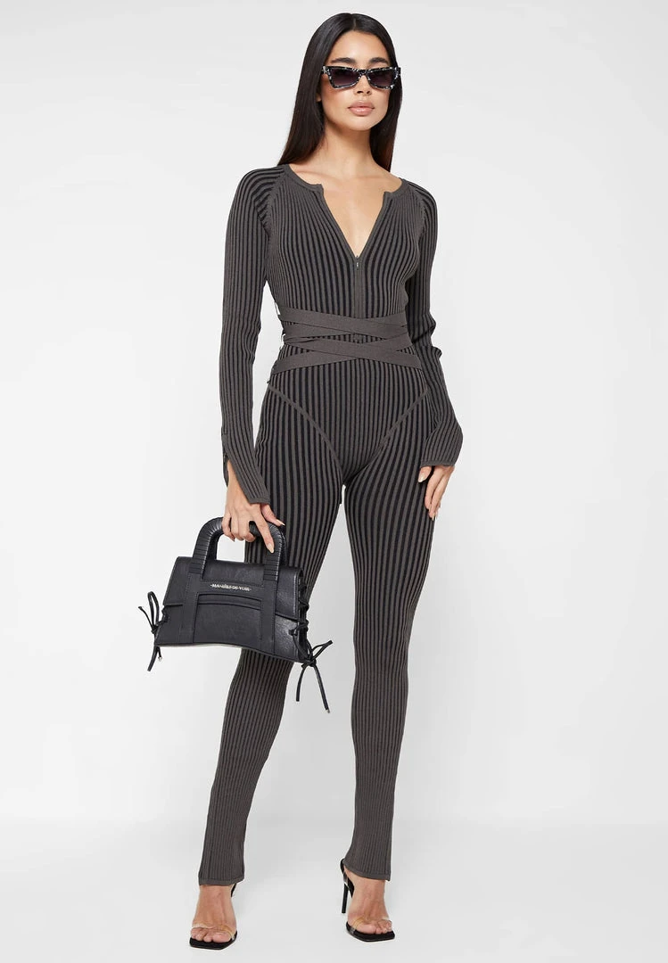 Woman Jumpsuits Knitted Two Tone Jumpsuit With Belt - Grey/Black JUMPSUITS & PLAYSUITS