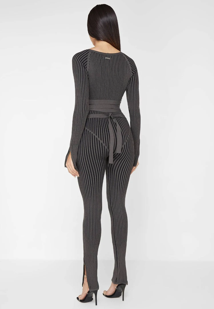 Woman Jumpsuits Knitted Two Tone Jumpsuit With Belt - Grey/Black JUMPSUITS & PLAYSUITS