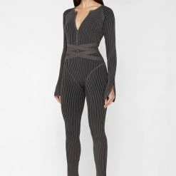 Woman Jumpsuits Knitted Two Tone Jumpsuit With Belt - Grey/Black JUMPSUITS & PLAYSUITS