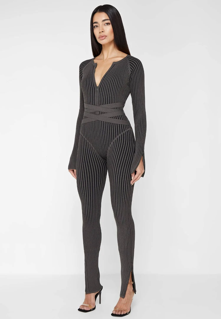 Woman Jumpsuits Knitted Two Tone Jumpsuit With Belt - Grey/Black JUMPSUITS & PLAYSUITS