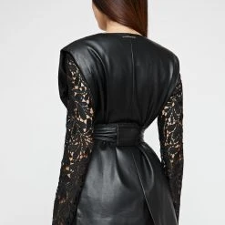 Woman Jackets Lace Sleeve Vegan Leather Blazer - Black