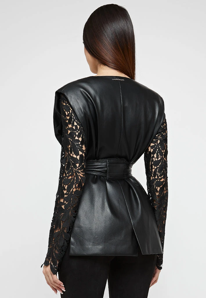 Woman Jackets Lace Sleeve Vegan Leather Blazer - Black