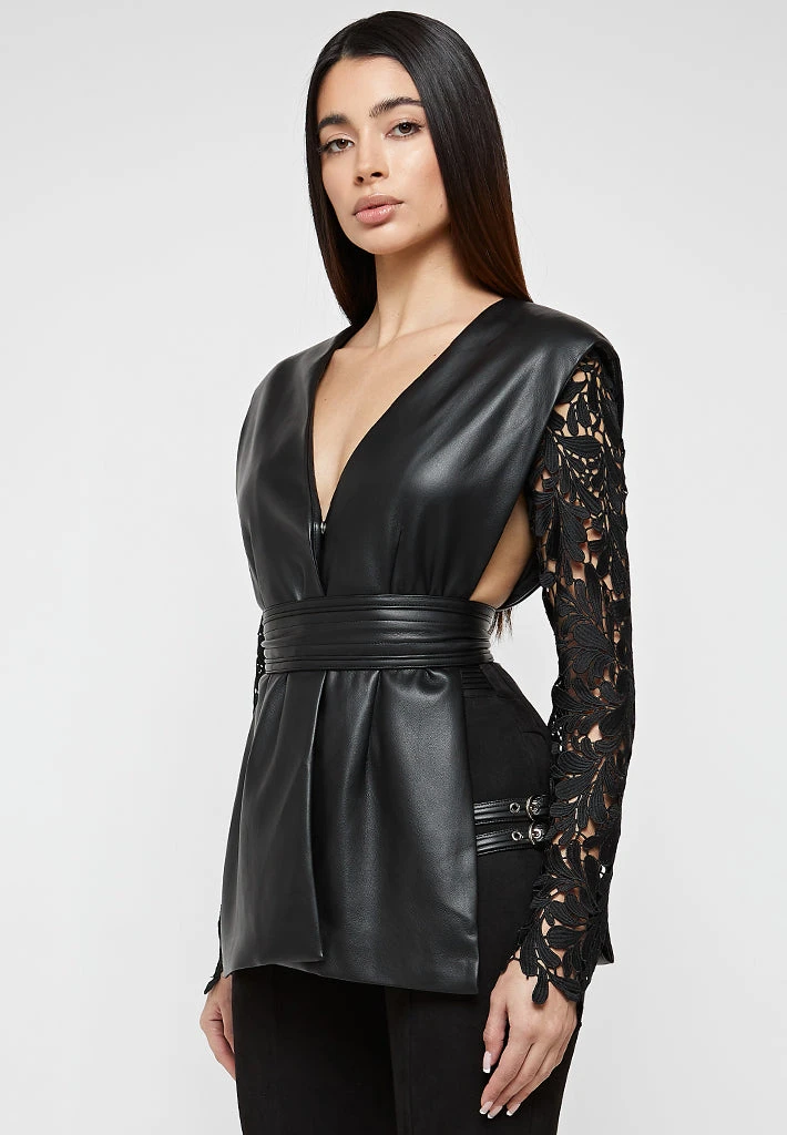 Woman Jackets Lace Sleeve Vegan Leather Blazer - Black