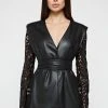 Woman Jackets Lace Sleeve Vegan Leather Blazer - Black