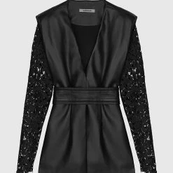 Woman Jackets Lace Sleeve Vegan Leather Blazer - Black