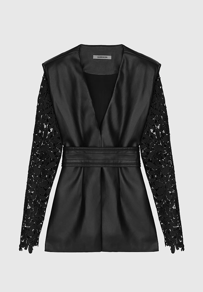 Woman Jackets Lace Sleeve Vegan Leather Blazer - Black