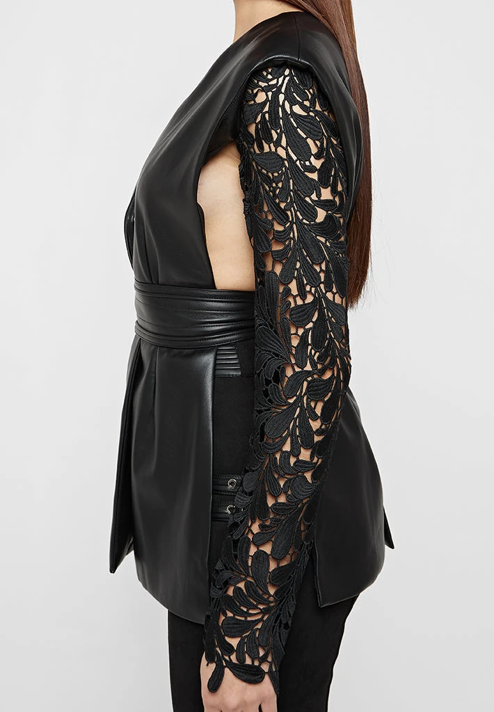 Woman Jackets Lace Sleeve Vegan Leather Blazer - Black