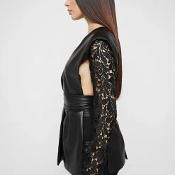 Woman Jackets Lace Sleeve Vegan Leather Blazer - Black
