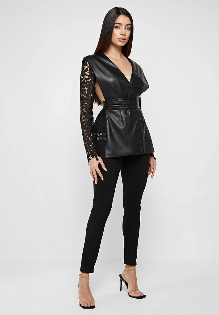 Woman Jackets Lace Sleeve Vegan Leather Blazer - Black