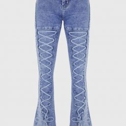 Woman Denim Lace Up Fit And Flare Jeans - Blue