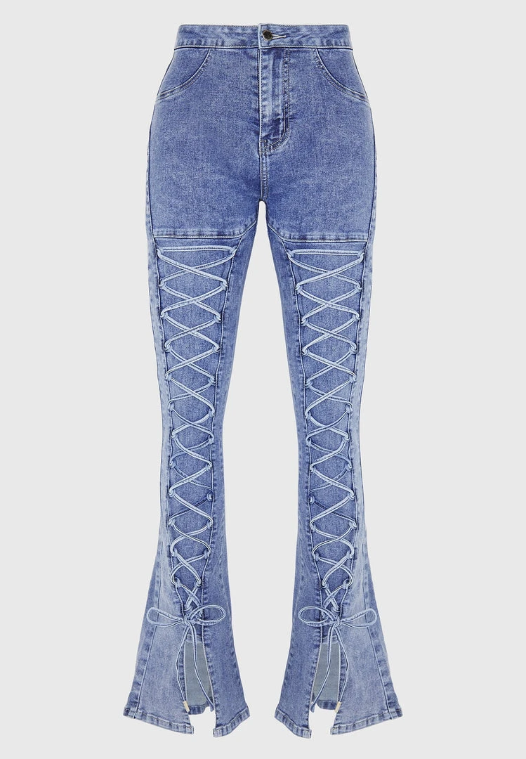 Woman Denim Lace Up Fit And Flare Jeans - Blue