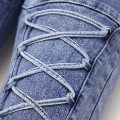 Woman Denim Lace Up Fit And Flare Jeans - Blue