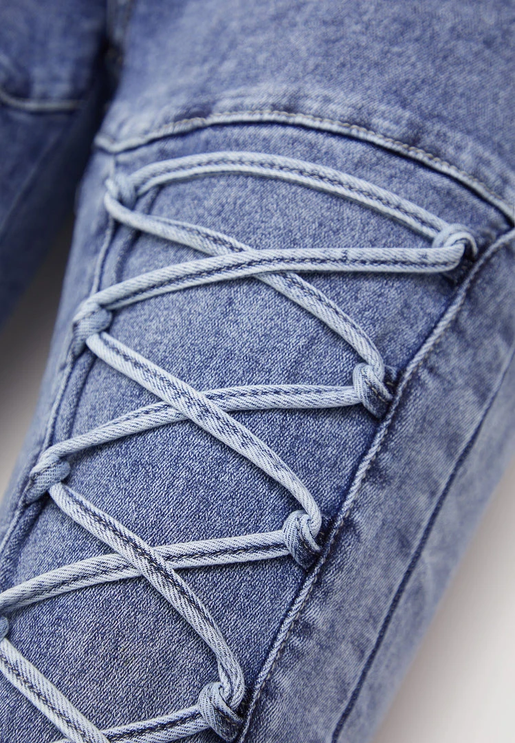 Woman Denim Lace Up Fit And Flare Jeans - Blue