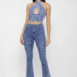 Woman Denim Lace Up Fit And Flare Jeans - Blue