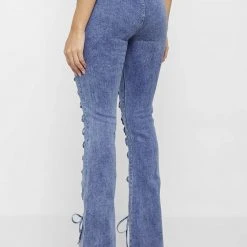 Woman Denim Lace Up Fit And Flare Jeans - Blue