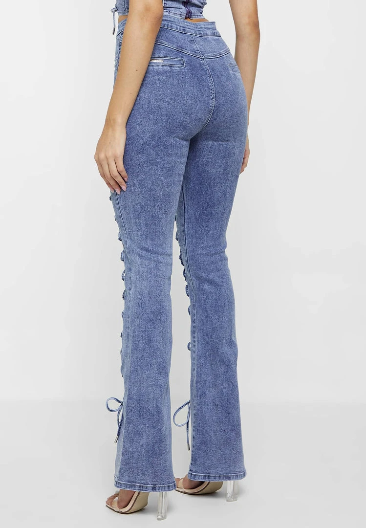 Woman Denim Lace Up Fit And Flare Jeans - Blue
