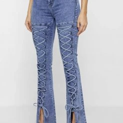 Woman Denim Lace Up Fit And Flare Jeans - Blue