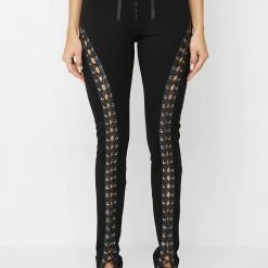 Woman Leggings Lace Up Leggings With Corset Detail - Black