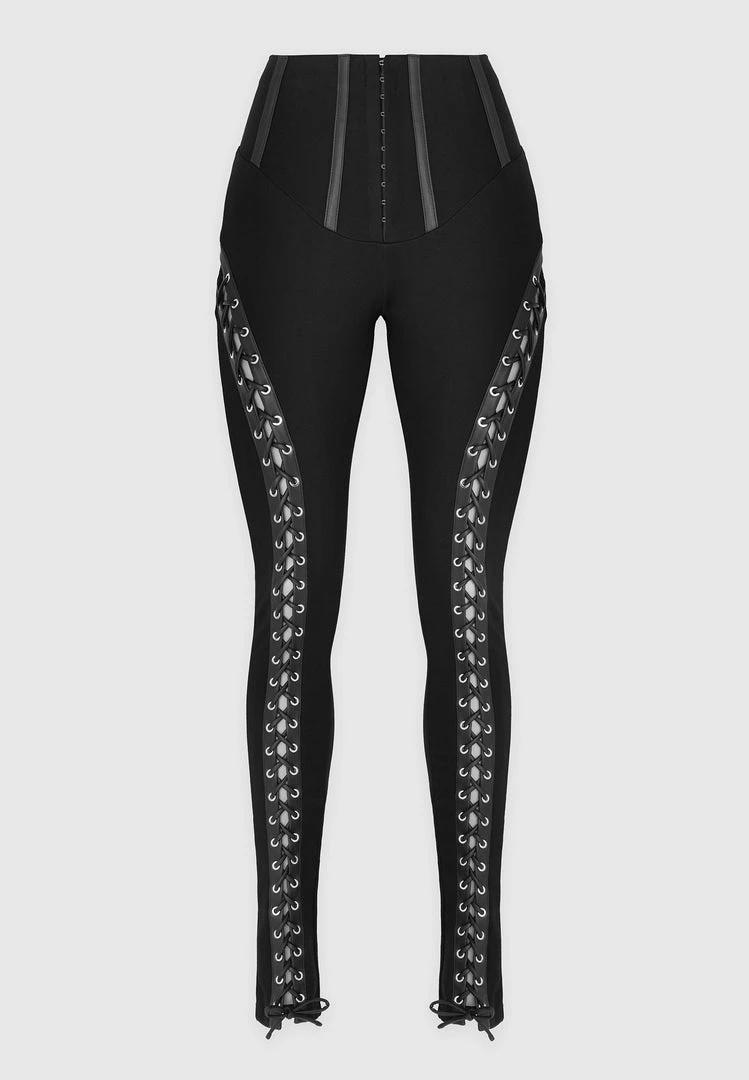 Woman Leggings Lace Up Leggings With Corset Detail - Black