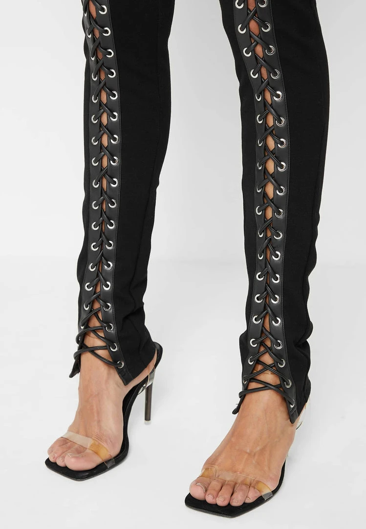 Woman Leggings Lace Up Leggings With Corset Detail - Black