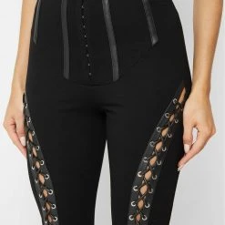 Woman Leggings Lace Up Leggings With Corset Detail - Black