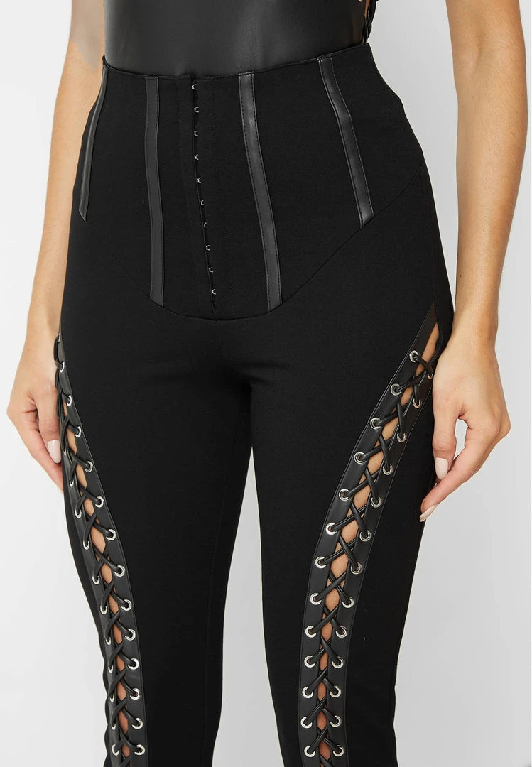 Woman Leggings Lace Up Leggings With Corset Detail - Black