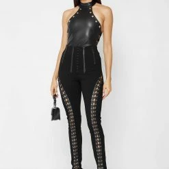 Woman Leggings Lace Up Leggings With Corset Detail - Black