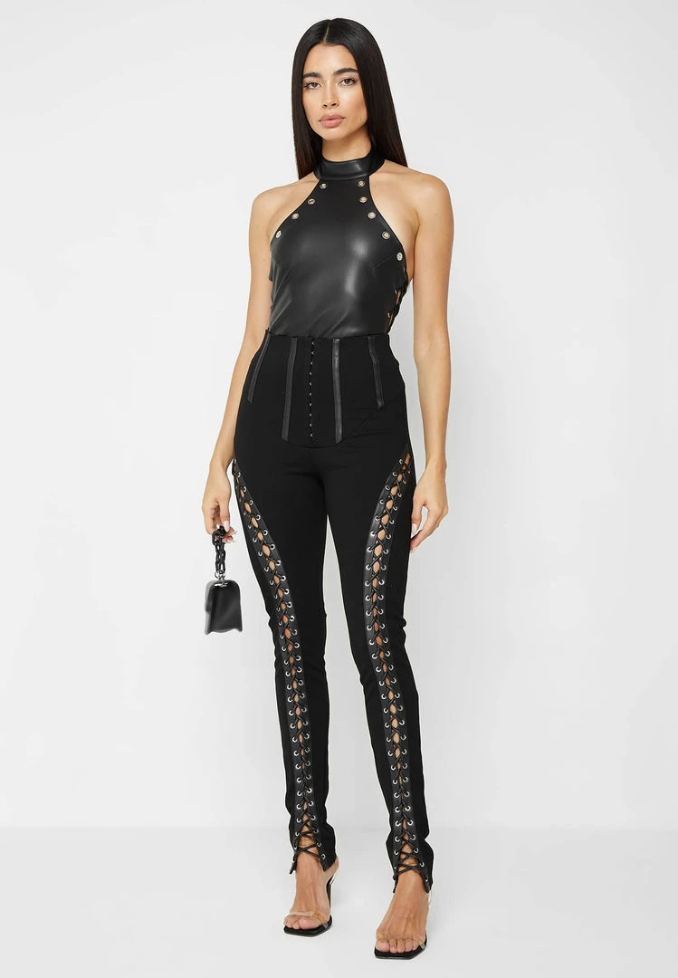 Woman Leggings Lace Up Leggings With Corset Detail - Black