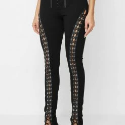 Woman Leggings Lace Up Leggings With Corset Detail - Black