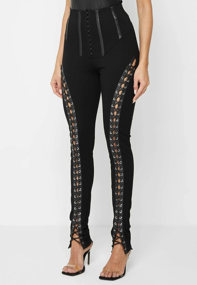 Woman Leggings Lace Up Leggings With Corset Detail - Black