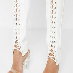 Woman Leggings Lace Up Leggings With Corset Detail - White