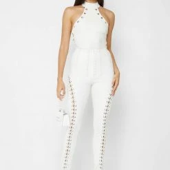 Woman Leggings Lace Up Leggings With Corset Detail - White