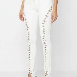 Woman Leggings Lace Up Leggings With Corset Detail - White