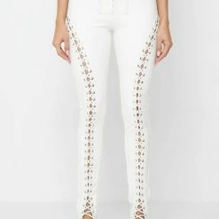 Woman Leggings Lace Up Leggings With Corset Detail - White
