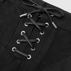 Woman Denim Lace Up Patchwork Mom Jeans - Black