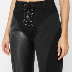 Woman Denim Lace Up Patchwork Mom Jeans - Black