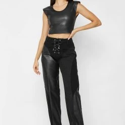 Woman Denim Lace Up Patchwork Mom Jeans - Black