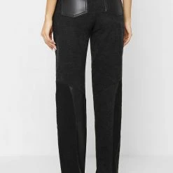 Woman Denim Lace Up Patchwork Mom Jeans - Black