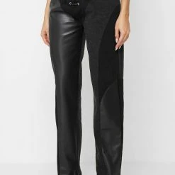 Woman Denim Lace Up Patchwork Mom Jeans - Black