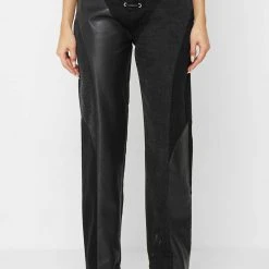 Woman Denim Lace Up Patchwork Mom Jeans - Black